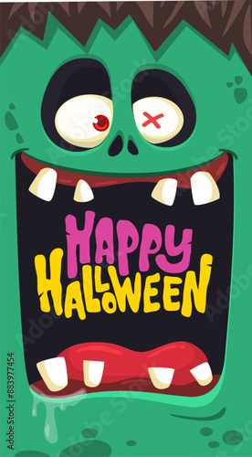 Cartoon funny green zombie character design with scary face expression and pink brains out. Halloween vector illustration isolated on white. Party invitation, package design 