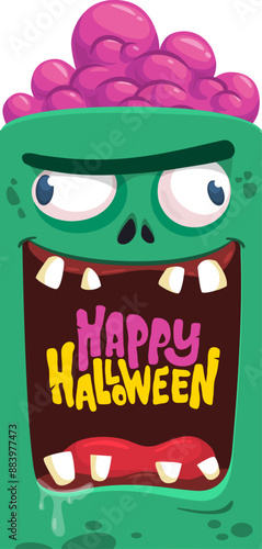 Cartoon funny green zombie character design with scary face expression and pink brains out. Halloween vector illustration isolated on white. Party invitation, package design 