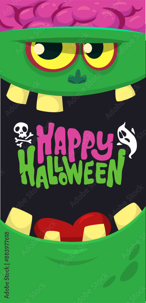 Naklejka premium Cartoon funny green zombie character design with scary face expression and pink brains out. Halloween vector illustration isolated on white. Party invitation, package design 