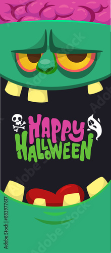 Cartoon funny green zombie character design with scary face expression and pink brains out. Halloween vector illustration isolated on white. Party invitation, package design 