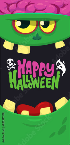 Cartoon funny green zombie character design with scary face expression and pink brains out. Halloween vector illustration isolated on white. Party invitation, package design 