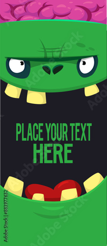 Cartoon funny green zombie character design with scary face expression and pink brains out. Halloween vector illustration isolated on white. Party invitation, package design 