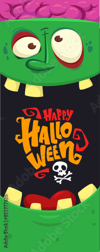 Cartoon funny green zombie character design with scary face expression and pink brains out. Halloween vector illustration isolated on white. Party invitation, package design 