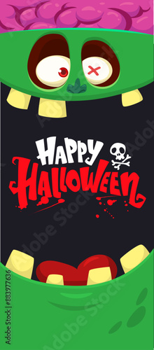 Cartoon funny green zombie character design with scary face expression and pink brains out. Halloween vector illustration isolated on white. Party invitation, package design 