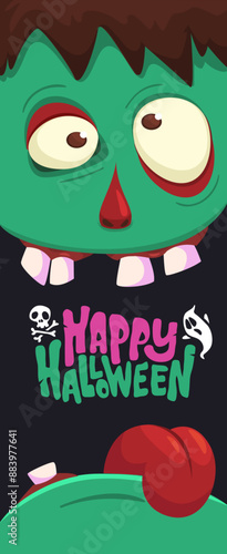 Cartoon funny green zombie character design with scary face expression and pink brains out. Halloween vector illustration isolated on white. Party invitation, package design 