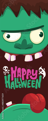 Cartoon funny green zombie character design with scary face expression and pink brains out. Halloween vector illustration isolated on white. Party invitation, package design 