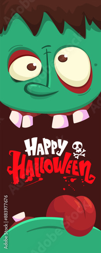 Cartoon funny green zombie character design with scary face expression and pink brains out. Halloween vector illustration isolated on white. Party invitation, package design 