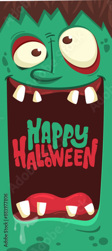 Cartoon funny green zombie character design with scary face expression and pink brains out. Halloween vector illustration isolated on white. Party invitation, package design 