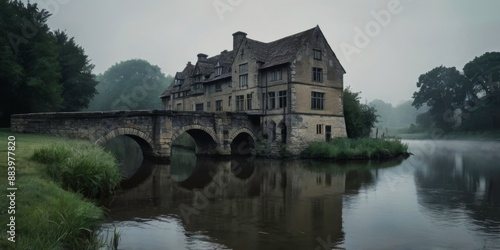 Close-up, river scene with stone bridge and old manor house, creepy, atmospheric, melancholy style, foggy background, eerie ambiance.
