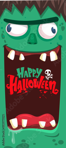 Cartoon funny green zombie character design with scary face expression and pink brains out. Halloween vector illustration isolated on white. Party invitation, package design 