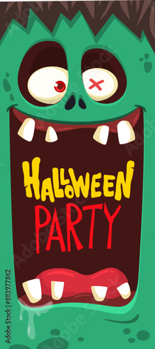Cartoon funny green zombie character design with scary face expression and pink brains out. Halloween vector illustration isolated on white. Party invitation, package design 