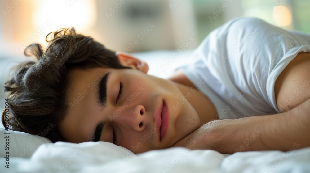 Man sleeping on bed soundly comfortable pillow cushion in morning young Caucasian male in white shirt brunette short hair Man sleeping on bed soundly comfortable pillow cushion in morning young Caucasian male in white shirt brunette short hair