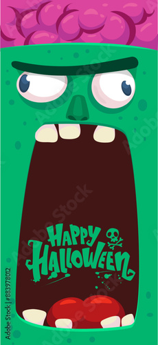 Cartoon funny green zombie character design with scary face expression and pink brains out. Halloween vector illustration isolated on white. Party invitation, package design 