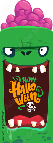 Cartoon funny green zombie character design with scary face expression and pink brains out. Halloween vector illustration isolated on white. Party invitation, package design 