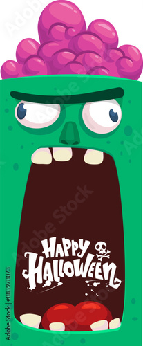 Cartoon funny green zombie character design with scary face expression and pink brains out. Halloween vector illustration isolated on white. Party invitation, package design 