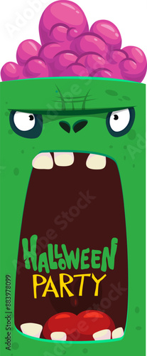 Cartoon funny green zombie character design with scary face expression and pink brains out. Halloween vector illustration isolated on white. Party invitation, package design 