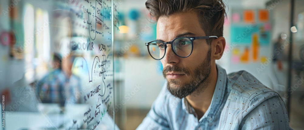 Innovative entrepreneur brainstorming ideas on glass board in modern office Innovative entrepreneur brainstorming ideas on glass board in modern office