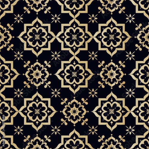 seamless pattern, Elegant seamless golden geometric pattern on a black background, suitable for wallpapers, textiles, and decorative purposes.
