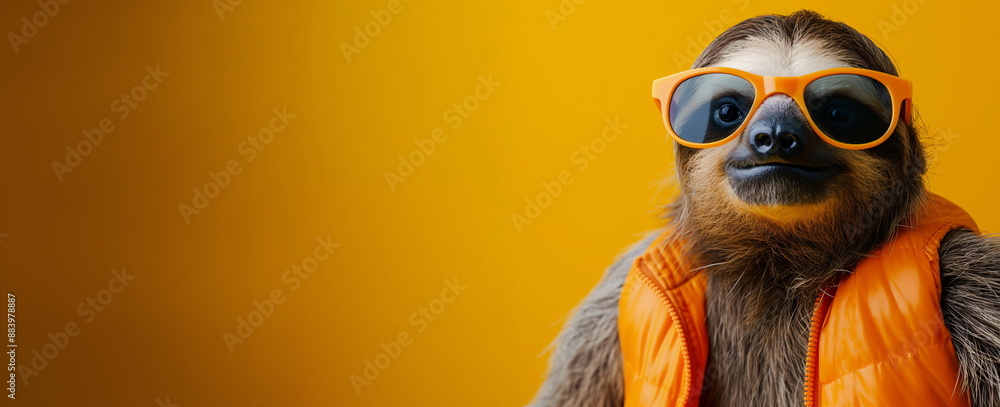 Fototapeta premium Stylish sloth in sunglasses and an orange vest on a yellow background with copy space