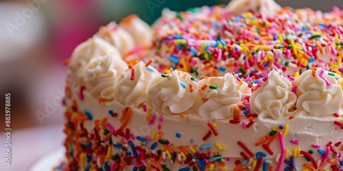Vanilla cake with cream and a lot of rainbow sprinkles decor for children close-up © Valery