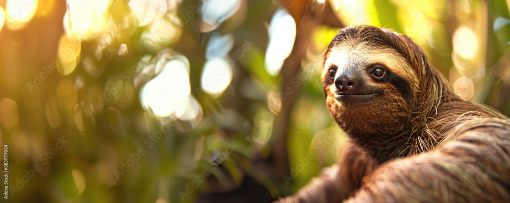 Fototapeta premium Sloth in a lush green jungle with sunlight in the background, banner with copy space