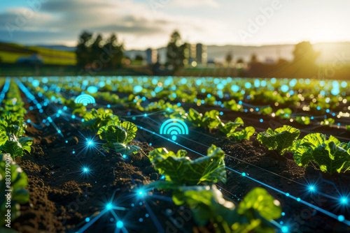 High-tech smart farm with IoT devices monitoring crop