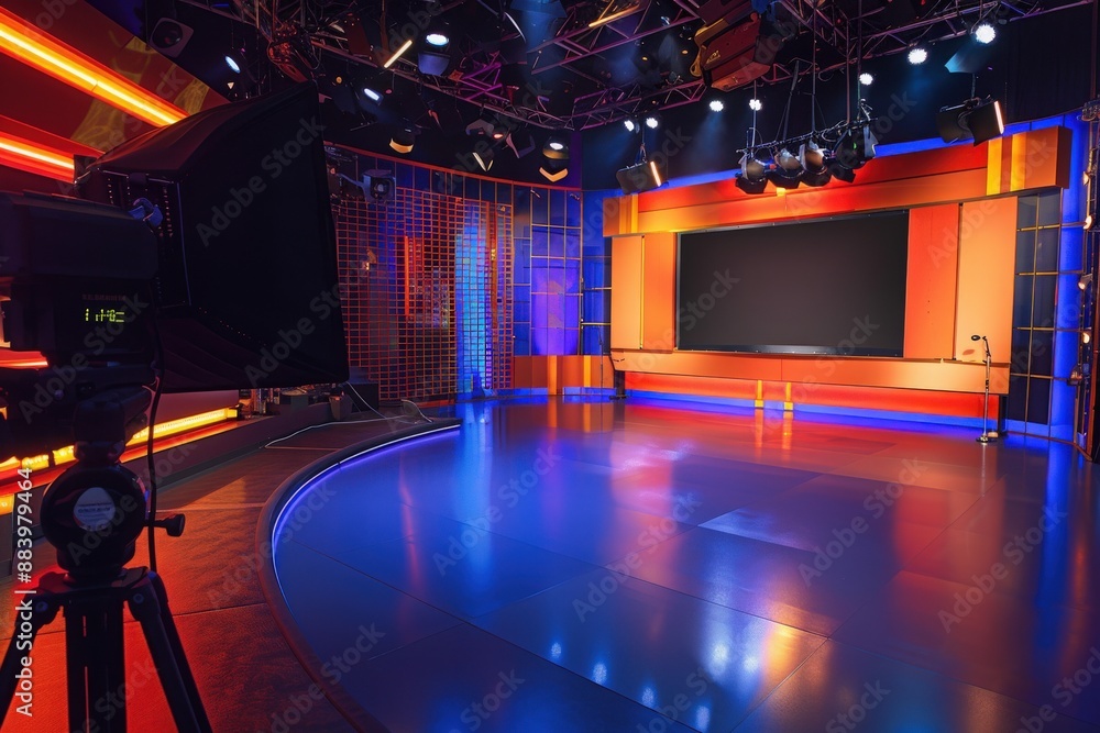 A television studio with a large screen and colorful lighting is ready for a live broadcast. The camera is in position, and the stage is set. A television studio with a large screen and colorful lighting is ready for a live broadcast. The camera is in position, and the stage is set.