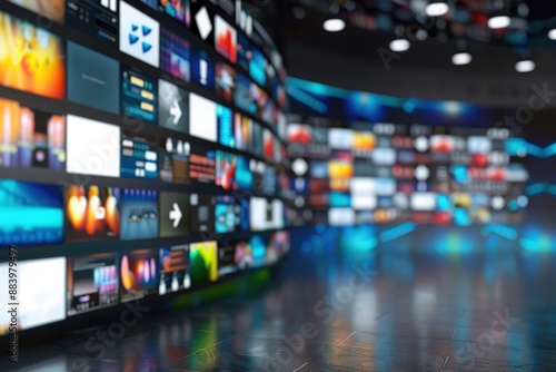 A curved wall displays a multitude of digital screens showcasing a variety of colorful content, creating a dynamic and futuristic newsroom setting.