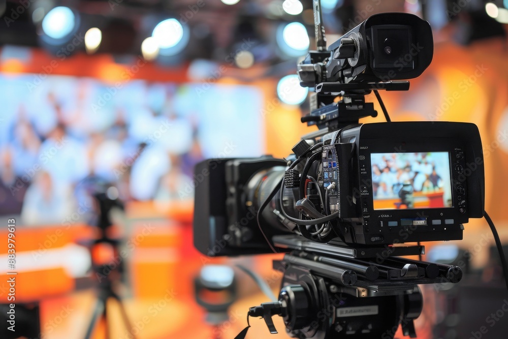 A professional camera is set up and recording live action, with the crew and background blurred in the image. A professional camera is set up and recording live action, with the crew and background blurred in the image.