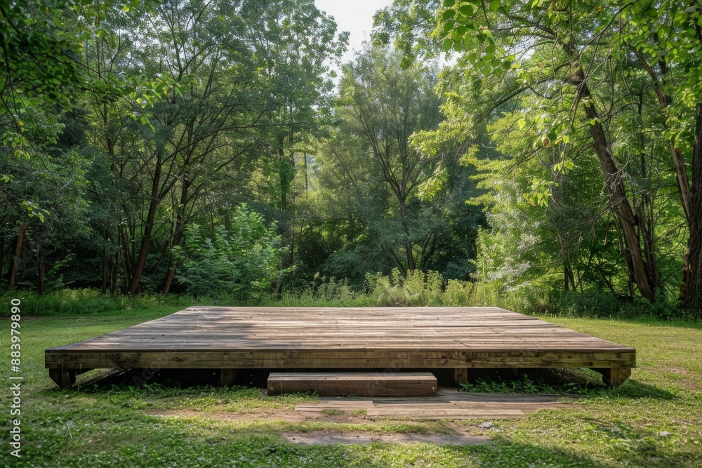 Fototapeta premium A rustic, empty outdoor stage surrounded by trees, with a wooden platform and a simple backdrop. 