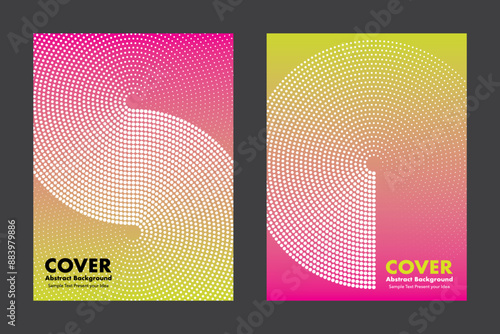 Modern vector abstract background with a vibrant gradient and halftone dot pattern. This design features a dynamic swirl of yellow and pink hues, for cover, wallpaper, posters. Minimalist style 