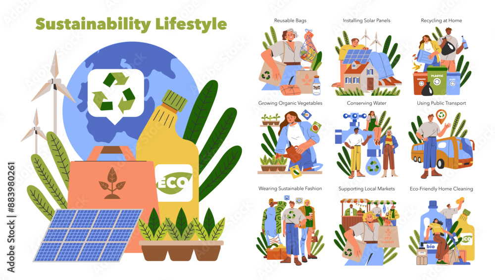 Obraz premium Sustainability Lifestyle. Flat Vector Illustration