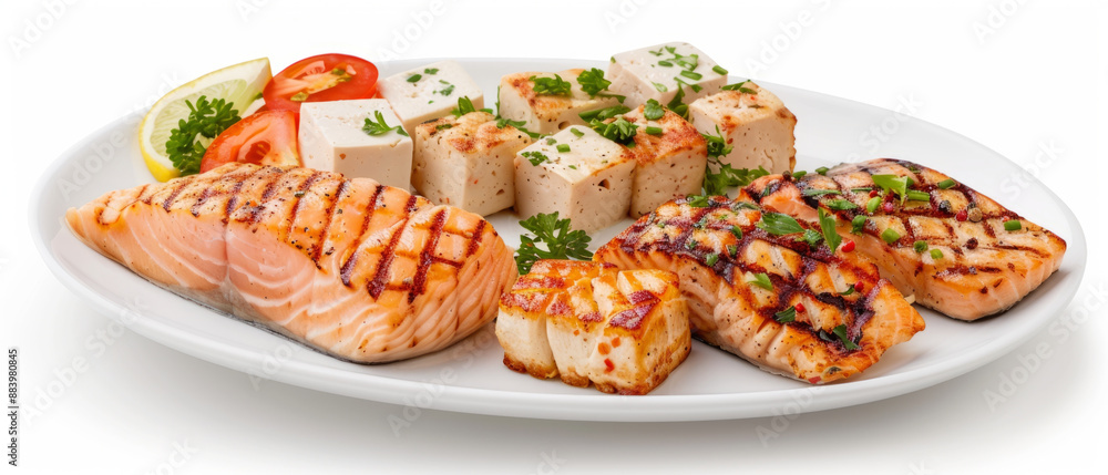 Nutrient-rich grilled chicken, tofu, and fish on a white plate for muscle growth and overall well-being. Nutrient-rich grilled chicken, tofu, and fish on a white plate for muscle growth and overall well-being.