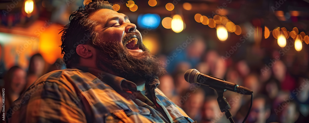 Overweight comedian telling jokes at a comedy club with a laughing audience. Overweight comedian telling jokes at a comedy club with a laughing audience.