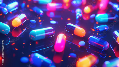 International Overdose Awareness Day Concept. Health care concept. 3D rendering of colorful pills and capsules on a dark background. Concept Drug-Free Living. Overdose Prevention. Copy space area © Ika Puput