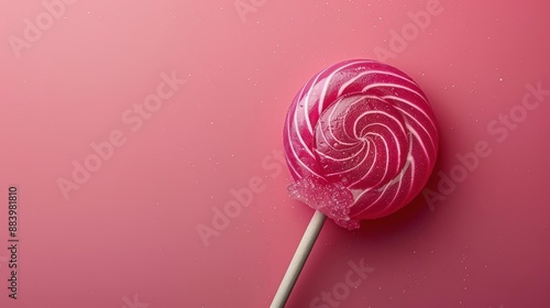 Close-up of a vibrant pink lollipop on a gradient pink background, showcasing its colorful and sweet appeal. © ZethX