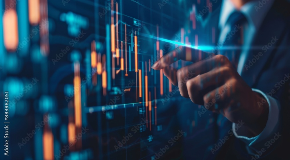 business person is pointing at stock market graphs on an interactive screen, with blue and green color tones used for financial data visualization business person is pointing at stock market graphs on an interactive screen, with blue and green color tones used for financial data visualization