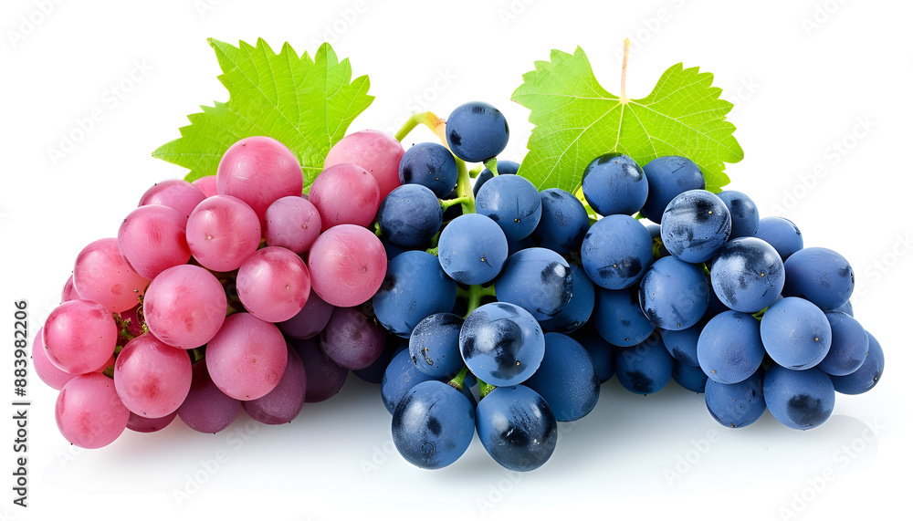 Fototapeta premium green pink and blue grapes with leaves isolated on the white background