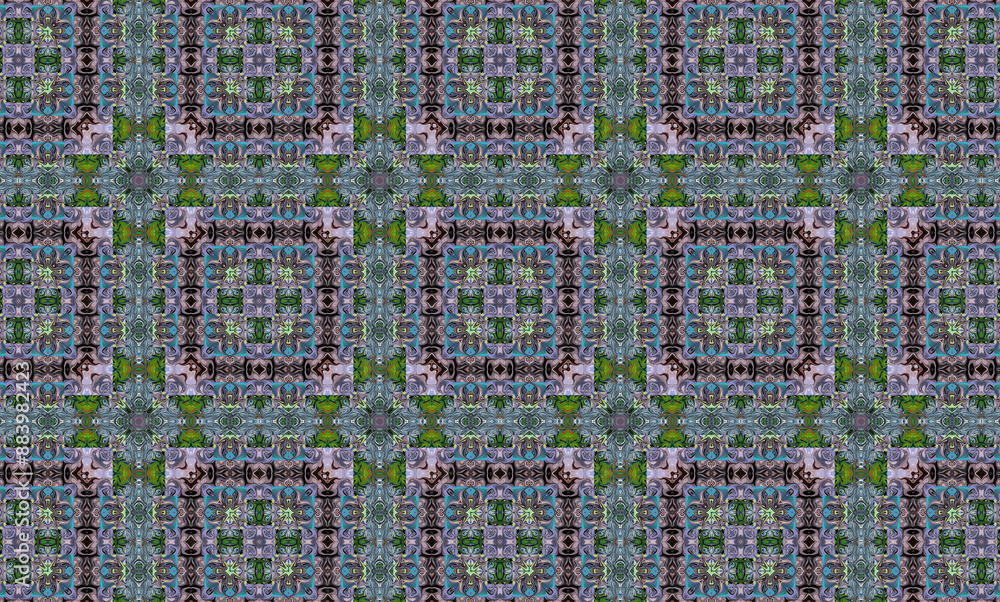 Multicolored hexagonal pattern with nature motifs
