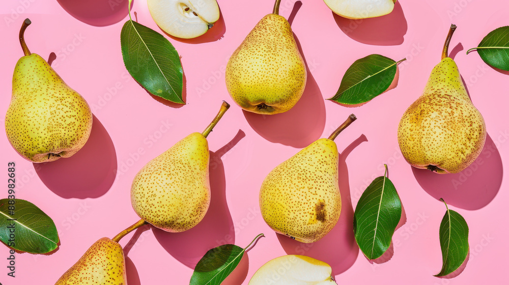 A photograph of whole and sliced pears with leaves, arranged artistically on a vibrant pink background A photograph of whole and sliced pears with leaves, arranged artistically on a vibrant pink background