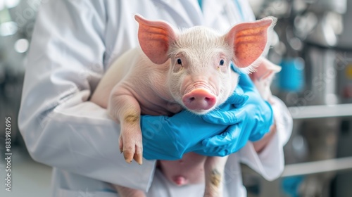 The veterinarian holding piglet