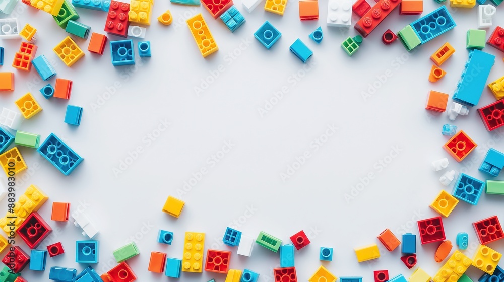 The bricks of different shapes and sizes to show diversity. White background, white space in the center of picture. A pile of colorful blocks scattered all over the place. The bricks of different shapes and sizes to show diversity. White background, white space in the center of picture. A pile of colorful blocks scattered all over the place.