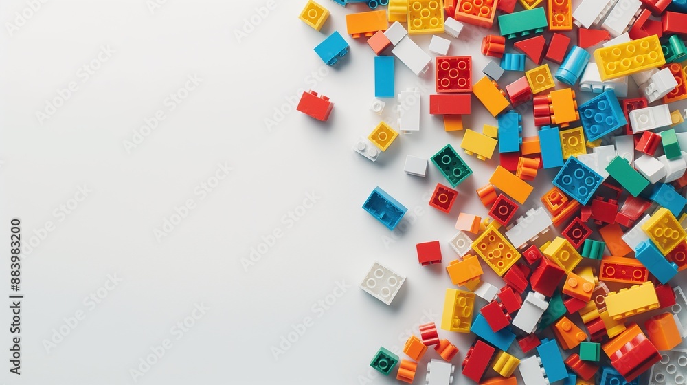 The bricks of different shapes and sizes to show diversity. White background, white space in the center of picture. A pile of colorful blocks scattered all over the place.