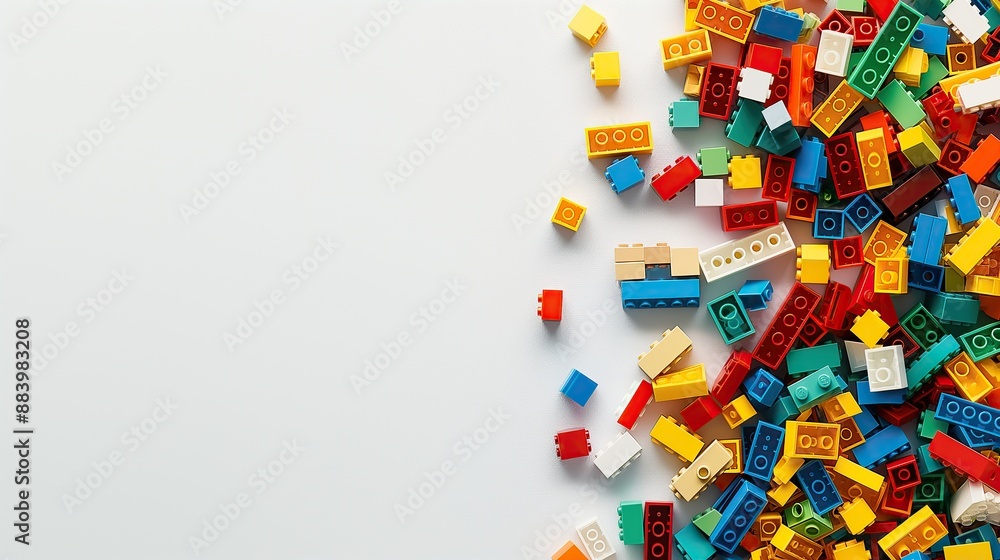 The bricks of different shapes and sizes to show diversity. White background, white space in the center of picture. A pile of colorful blocks scattered all over the place. The bricks of different shapes and sizes to show diversity. White background, white space in the center of picture. A pile of colorful blocks scattered all over the place.