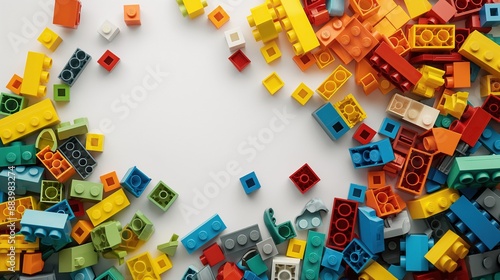 The lego bricks of different shapes and sizes to show diversity. White background, white space in the center of picture. A pile of colorful Lego blocks scattered all over the place. 