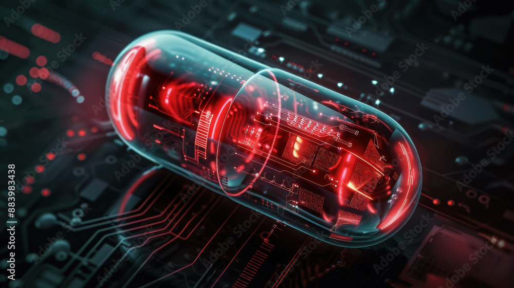 Obraz premium Digital pill with transparent casing, showcasing the futuristic approach of integrating technology in healthcare.