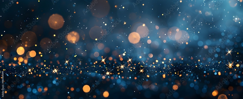 Abstract dark blue background with bokeh lights and sparkling particles. Christmas, New Year, wedding or other events decoration banner. Vintage, shiny effect for design elements Abstract dark blue background with bokeh lights and sparkling particles. Christmas, New Year, wedding or other events decoration banner. Vintage, shiny effect for design elements