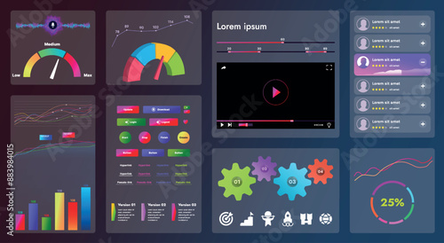 The picture shows the interface of a web application or site, consisting of navigation elements, buttons and various components. Design includes menu, search form, icons and vector graphics.