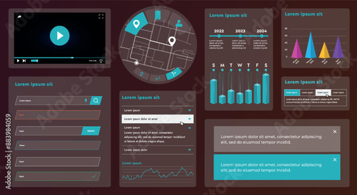 The picture shows the interface of a web application or site, consisting of navigation elements, buttons and various components. Design includes menu, search form, icons and vector graphics.