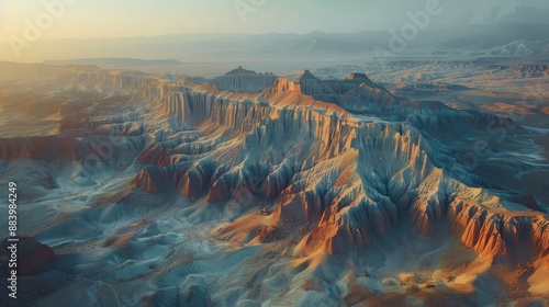 Sunset over a vast canyon landscape with vibrant rock formations photo